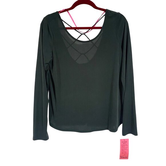 Betsey Johnson Cupro Strappy Back Long Sleeve Scoop Neck T-Shirt Green NWT Large - Picture 1 of 10